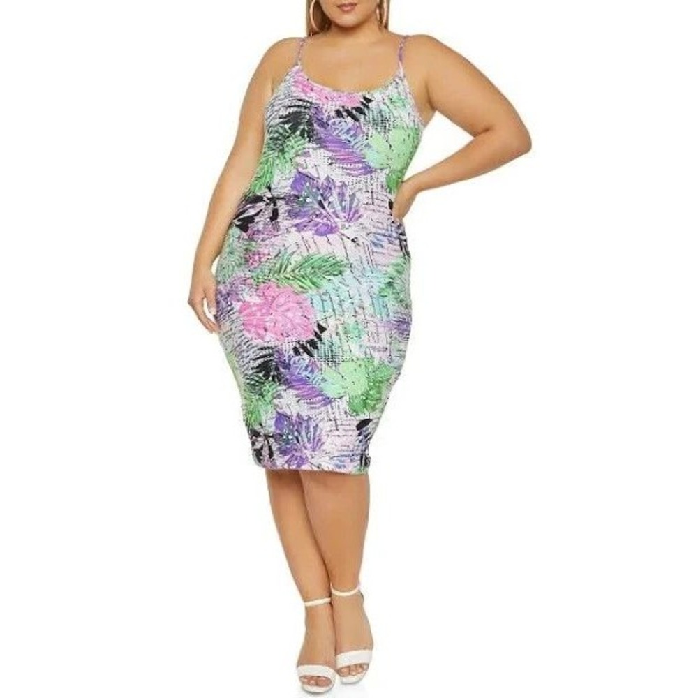 Plus Size Tropical Leaf Print Spaghetti Strap Midi Dress Women